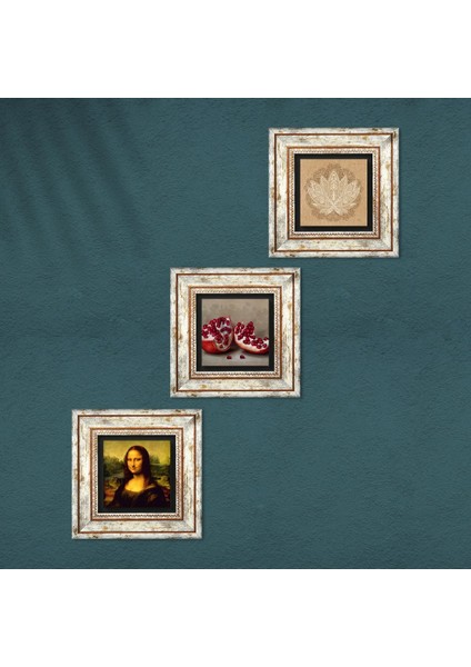 Lotus Çiçeği, Leonardo da Vinci Mona Lisa, Nar Çerçeveli Taş Duvar Tablosu 3’lü Set - Dekoratif Modern Sanat, Ev ve Ofis Dekoru |TK3-1426| fırsatları