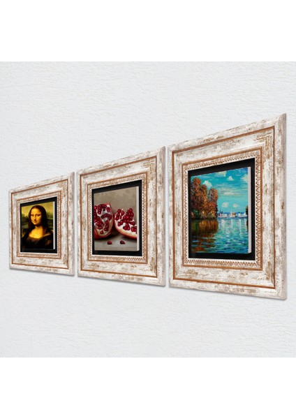 Claude Monet Sonbahar, Leonardo da Vinci Mona Lisa, Nar Taş Duvar Tablosu Çerçeveli Duvar Dekoru 3 Parça Tablo Seti Wall Art T3-1445