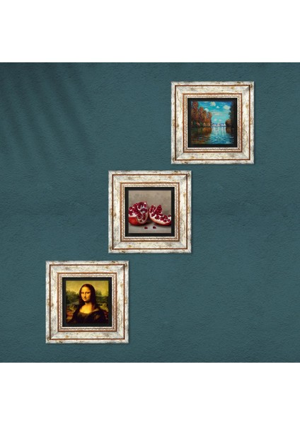 Claude Monet Sonbahar, Leonardo da Vinci Mona Lisa, Nar Taş Duvar Tablosu Çerçeveli Duvar Dekoru 3 Parça Tablo Seti Wall Art T3-1445