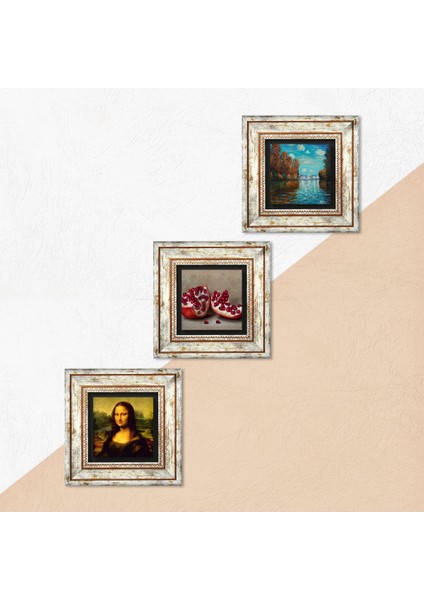 Claude Monet Sonbahar, Leonardo da Vinci Mona Lisa, Nar Taş Duvar Tablosu Çerçeveli Duvar Dekoru 3 Parça Tablo Seti Wall Art T3-1445