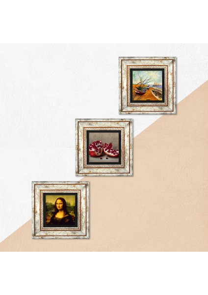 Van Gogh Balıkçı Tekneleri, Da Vinci Mona Lisa, Nar Çerçeveli Taş Duvar Tablosu 3’lü Set - Dekoratif Modern Sanat, Ev ve Ofis Dekoru |TK3-1449| indirimleri