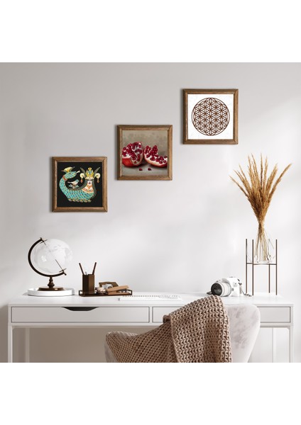 Yaşam Çiçeği, Şahmeran, Nar Taş Duvar Tablosu Ahşap Çerçeveli Duvar Dekoru 3 Parça Tablo Seti Wall Art W3-995