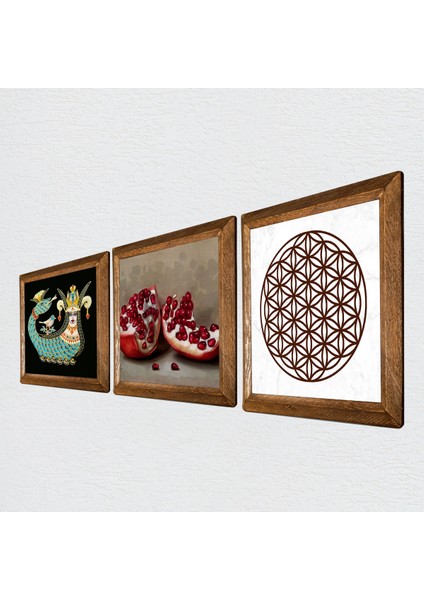 Yaşam Çiçeği, Şahmeran, Nar Taş Duvar Tablosu Ahşap Çerçeveli Duvar Dekoru 3 Parça Tablo Seti Wall Art W3-995 fiyatları