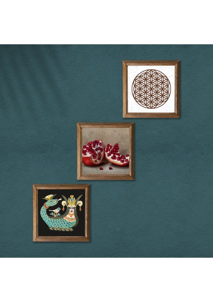Yaşam Çiçeği, Şahmeran, Nar Taş Duvar Tablosu Ahşap Çerçeveli Duvar Dekoru 3 Parça Tablo Seti Wall Art W3-995 modelleri
