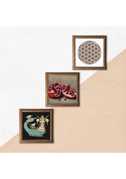 Yaşam Çiçeği, Şahmeran, Nar Taş Duvar Tablosu Ahşap Çerçeveli Duvar Dekoru 3 Parça Tablo Seti Wall Art W3-995 indirimleri