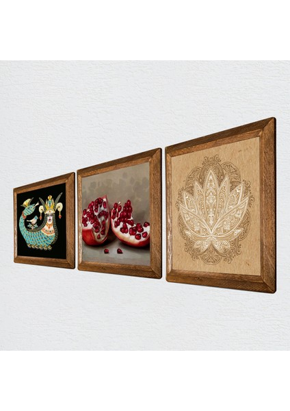 Lotus Çiçeği, Şahmeran, Nar Taş Duvar Tablosu Ahşap Çerçeveli Duvar Dekoru 3 Parça Tablo Seti Wall Art W3-997 fiyatları