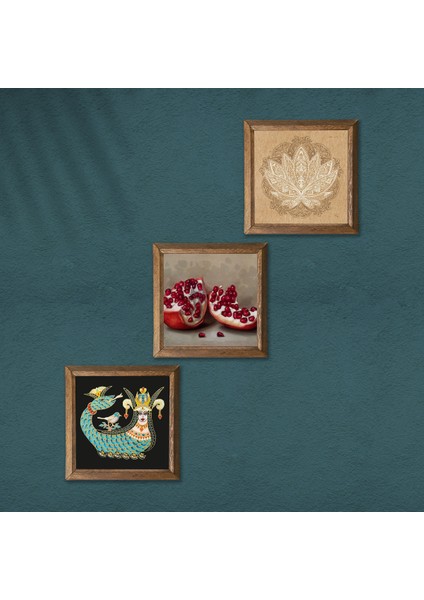 Lotus Çiçeği, Şahmeran, Nar Taş Duvar Tablosu Ahşap Çerçeveli Duvar Dekoru 3 Parça Tablo Seti Wall Art W3-997 modelleri