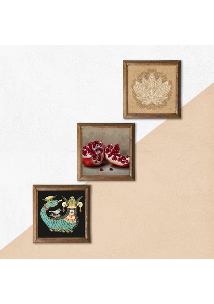 Lotus Çiçeği, Şahmeran, Nar Taş Duvar Tablosu Ahşap Çerçeveli Duvar Dekoru 3 Parça Tablo Seti Wall Art W3-997 indirimleri