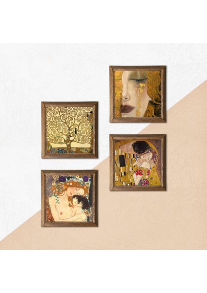 Gustav Klimt Altın Gözyaşları, Anne Çocuk, Öpücük, Hayat Ağacı Taş Duvar Tablosu Ahşap Çerçeveli Duvar Dekoru 4 Parça Tablo Seti Wall Art W4-05