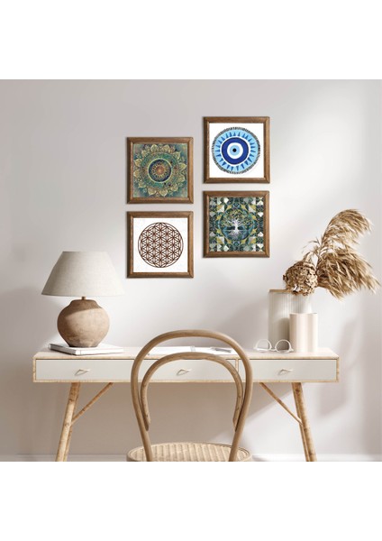 Nazar, Hayat Ağacı, Mandala, Yaşam Çiçeği Taş Duvar Tablosu Ahşap Çerçeveli Duvar Dekoru 4 Parça Tablo Seti Wall Art W4-1003