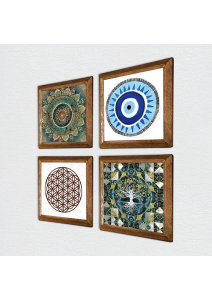 Nazar, Hayat Ağacı, Mandala, Yaşam Çiçeği Taş Duvar Tablosu Ahşap Çerçeveli Duvar Dekoru 4 Parça Tablo Seti Wall Art W4-1003 fiyatları