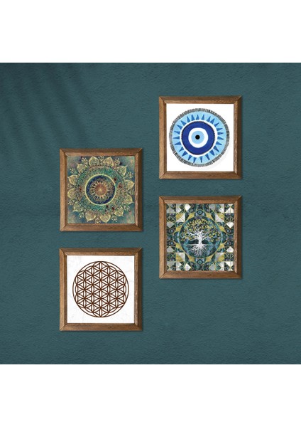 Nazar, Hayat Ağacı, Mandala, Yaşam Çiçeği Taş Duvar Tablosu Ahşap Çerçeveli Duvar Dekoru 4 Parça Tablo Seti Wall Art W4-1003 modelleri