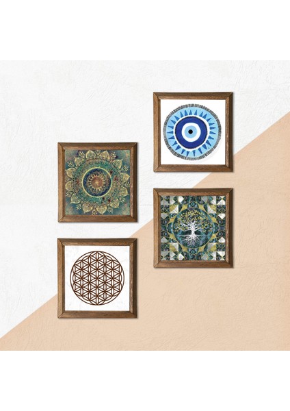 Nazar, Hayat Ağacı, Mandala, Yaşam Çiçeği Taş Duvar Tablosu Ahşap Çerçeveli Duvar Dekoru 4 Parça Tablo Seti Wall Art W4-1003 indirimleri