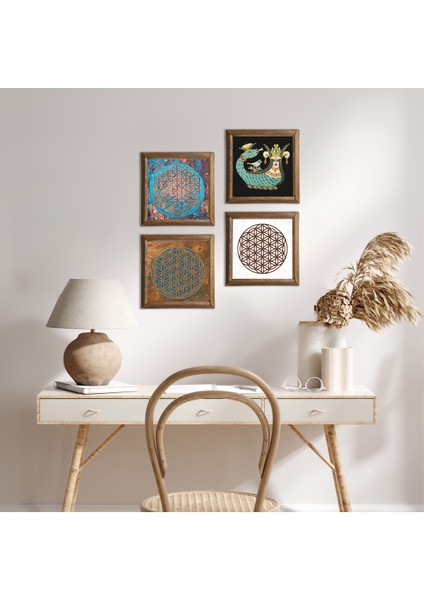 Yaşam Çiçeği, Şahmeran Ahşap Çerçeveli Taş Duvar Tablosu 4’lü Set – 25x25 cm Dekoratif Modern Sanat – Ev ve Ofis Dekoru |W4-472|