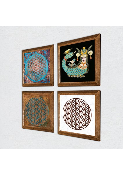 Yaşam Çiçeği, Şahmeran Ahşap Çerçeveli Taş Duvar Tablosu 4’lü Set – 25x25 cm Dekoratif Modern Sanat – Ev ve Ofis Dekoru |W4-472| fiyatları
