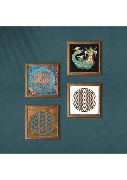 Yaşam Çiçeği, Şahmeran Ahşap Çerçeveli Taş Duvar Tablosu 4’lü Set – 25x25 cm Dekoratif Modern Sanat – Ev ve Ofis Dekoru |W4-472| modelleri