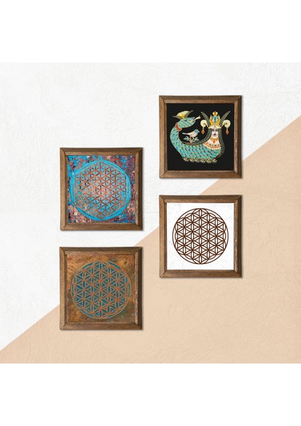 Yaşam Çiçeği, Şahmeran Ahşap Çerçeveli Taş Duvar Tablosu 4’lü Set – 25x25 cm Dekoratif Modern Sanat – Ev ve Ofis Dekoru |W4-472| indirimleri