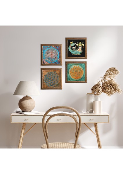 Yaşam Çiçeği, Lotus Çiçeği, Şahmeran Ahşap Çerçeveli Taş Duvar Tablosu 4’lü Set – 25x25 cm Dekoratif Modern Sanat – Ev ve Ofis Dekoru |W4-477|