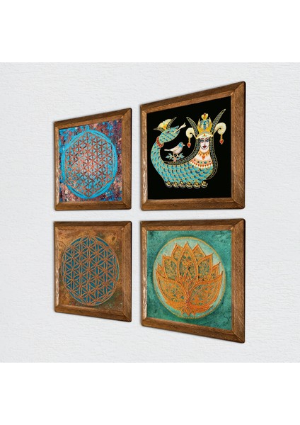Yaşam Çiçeği, Lotus Çiçeği, Şahmeran Ahşap Çerçeveli Taş Duvar Tablosu 4’lü Set – 25x25 cm Dekoratif Modern Sanat – Ev ve Ofis Dekoru |W4-477| fiyatları