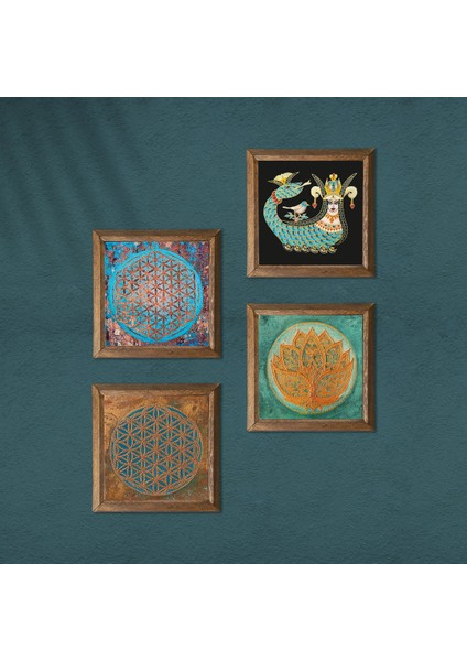 Yaşam Çiçeği, Lotus Çiçeği, Şahmeran Ahşap Çerçeveli Taş Duvar Tablosu 4’lü Set – 25x25 cm Dekoratif Modern Sanat – Ev ve Ofis Dekoru |W4-477| modelleri