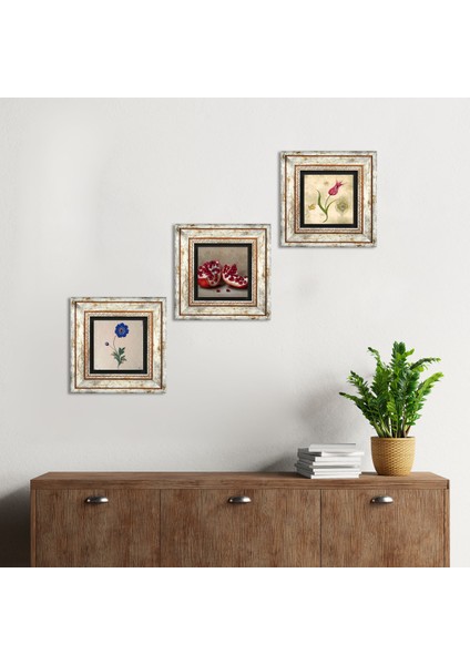 Ebru Sanatı, Lale, Nar Taş Duvar Tablosu Çerçeveli Duvar Dekoru 3 Parça Tablo Seti Wall Art T3-1626