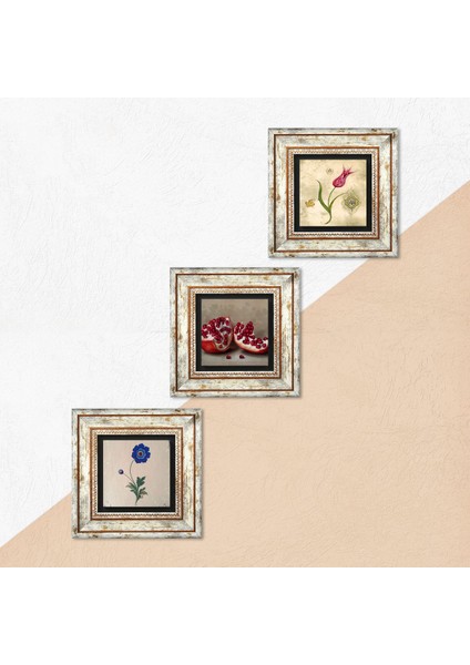 Ebru Sanatı, Lale, Nar Taş Duvar Tablosu Çerçeveli Duvar Dekoru 3 Parça Tablo Seti Wall Art T3-1626