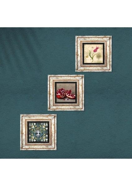 Hayat Ağacı, Lale Ebru Sanatı, Nar Çerçeveli Taş Duvar Tablosu 3’lü Set - Dekoratif Modern Sanat, Ev ve Ofis Dekoru |TK3-1635| fırsatları