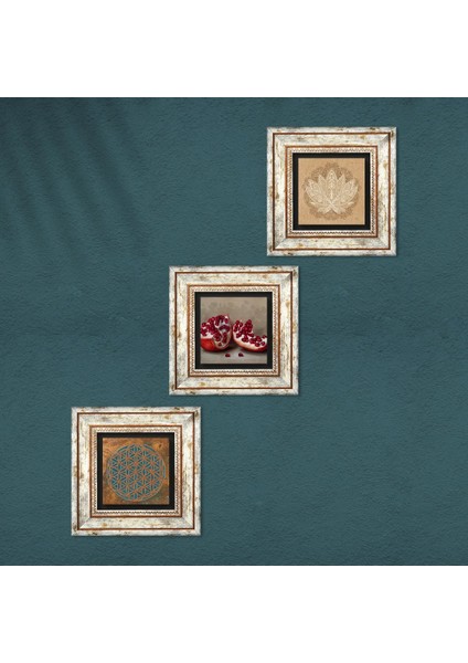 Yaşam Çiçeği, Lotus Çiçeği, Nar Çerçeveli Taş Duvar Tablosu 3’lü Set - Dekoratif Modern Sanat, Ev ve Ofis Dekoru |TK3-1649| fırsatları
