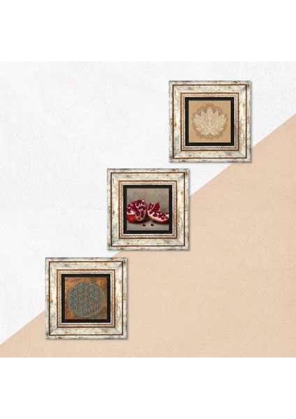 Yaşam Çiçeği, Lotus Çiçeği, Nar Çerçeveli Taş Duvar Tablosu 3’lü Set - Dekoratif Modern Sanat, Ev ve Ofis Dekoru |TK3-1649| indirimleri