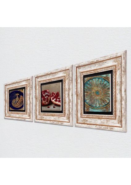 Stone Tavus Kuşu, Yaşam Çiçeği, Nar Çerçeveli Taş Duvar Tablosu 3’lü Set - Dekoratif Modern Sanat, Ev ve Ofis Dekoru |TK3-1650| fiyatları