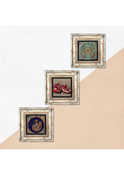Stone Tavus Kuşu, Yaşam Çiçeği, Nar Çerçeveli Taş Duvar Tablosu 3’lü Set - Dekoratif Modern Sanat, Ev ve Ofis Dekoru |TK3-1650| indirimleri