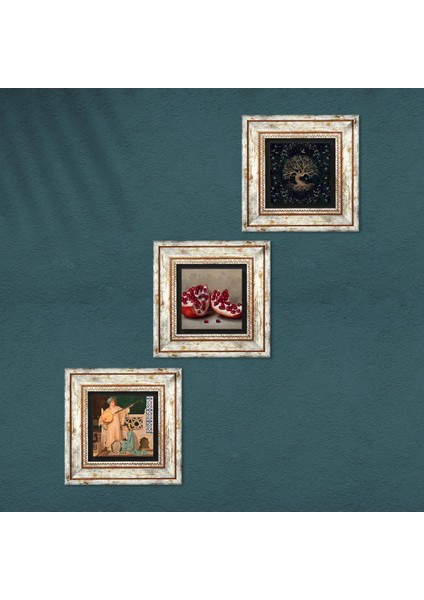 Hayat Ağacı, İki Müzisyen Kız Tablosu, Nar Taş Duvar Tablosu Çerçeveli Duvar Dekoru 3 Parça Tablo Seti Wall Art T3-1481