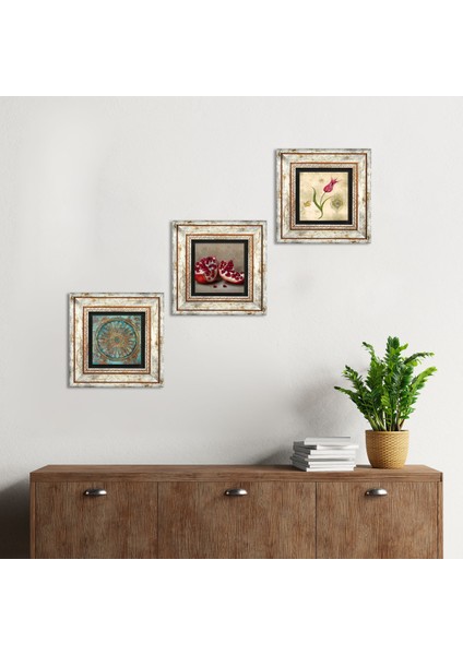 Yaşam Çiçeği, Lale Ebru Sanatı, Nar Çerçeveli Taş Duvar Tablosu 3’lü Set - Dekoratif Modern Sanat, Ev ve Ofis Dekoru |TK3-1629|
