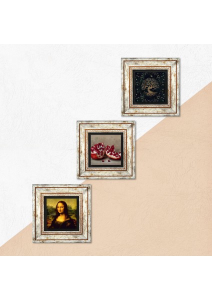 Hayat Ağacı, Leonardo da Vinci Mona Lisa, Nar Taş Duvar Tablosu Çerçeveli Duvar Dekoru 3 Parça Tablo Seti Wall Art T3-1422
