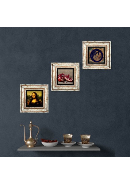 Tavus Kuşu, Leonardo da Vinci Mona Lisa, Nar Çerçeveli Taş Duvar Tablosu 3’lü Set - Dekoratif Modern Sanat, Ev ve Ofis Dekoru |TK3-1428|