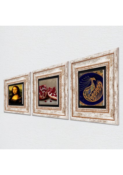 Tavus Kuşu, Leonardo da Vinci Mona Lisa, Nar Çerçeveli Taş Duvar Tablosu 3’lü Set - Dekoratif Modern Sanat, Ev ve Ofis Dekoru |TK3-1428| fiyatları