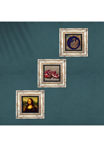Tavus Kuşu, Leonardo da Vinci Mona Lisa, Nar Çerçeveli Taş Duvar Tablosu 3’lü Set - Dekoratif Modern Sanat, Ev ve Ofis Dekoru |TK3-1428| fırsatları