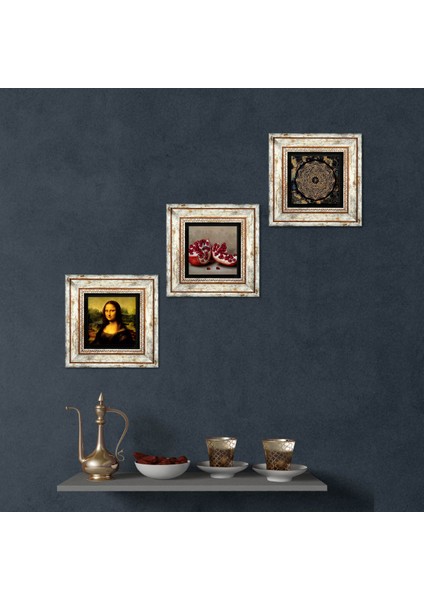 Sri Yantra, Leonardo da Vinci Mona Lisa, Nar Taş Duvar Tablosu Çerçeveli Duvar Dekoru 3 Parça Tablo Seti Wall Art T3-1431