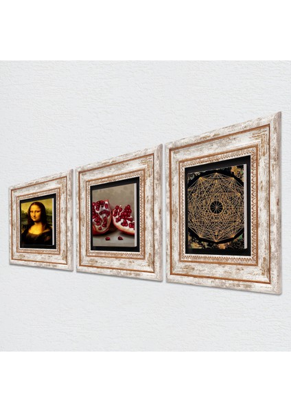 Sri Yantra, Leonardo da Vinci Mona Lisa, Nar Taş Duvar Tablosu Çerçeveli Duvar Dekoru 3 Parça Tablo Seti Wall Art T3-1431
