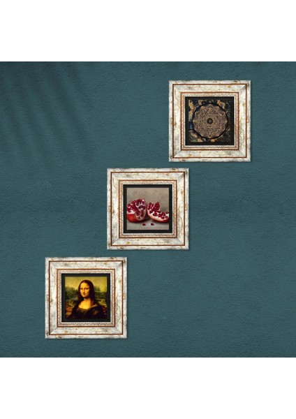 Sri Yantra, Leonardo da Vinci Mona Lisa, Nar Taş Duvar Tablosu Çerçeveli Duvar Dekoru 3 Parça Tablo Seti Wall Art T3-1431