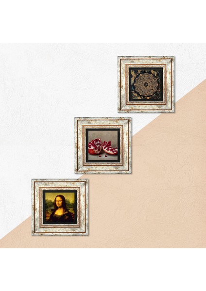 Sri Yantra, Leonardo da Vinci Mona Lisa, Nar Taş Duvar Tablosu Çerçeveli Duvar Dekoru 3 Parça Tablo Seti Wall Art T3-1431