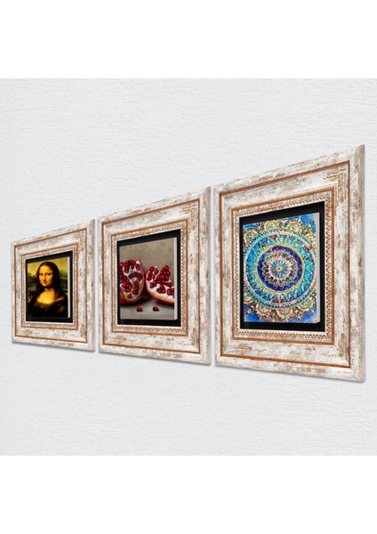 Mandala, Leonardo da Vinci Mona Lisa, Nar Çerçeveli Taş Duvar Tablosu 3’lü Set - Dekoratif Modern Sanat, Ev ve Ofis Dekoru |TK3-1435| fiyatları