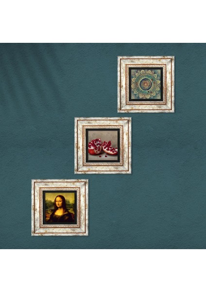 Mandala, Leonardo da Vinci Mona Lisa, Nar Çerçeveli Taş Duvar Tablosu 3’lü Set - Dekoratif Modern Sanat, Ev ve Ofis Dekoru |TK3-1437| fırsatları