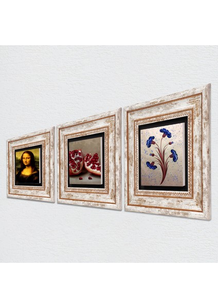 Ebru Sanatı, Leonardo da Vinci Mona Lisa, Nar Taş Duvar Tablosu Çerçeveli Duvar Dekoru 3 Parça Tablo Seti Wall Art T3-1439