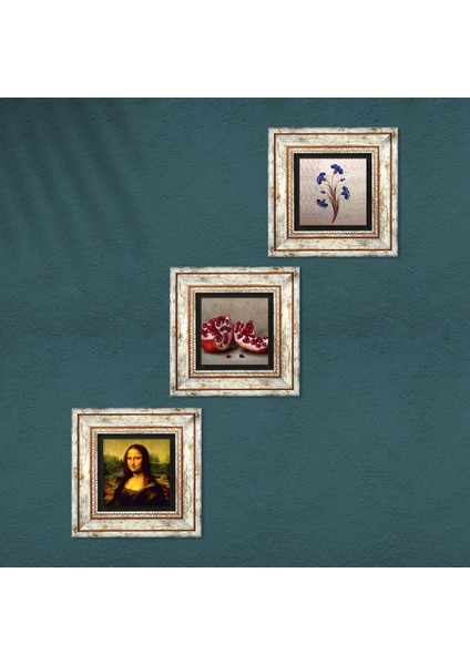Ebru Sanatı, Leonardo da Vinci Mona Lisa, Nar Taş Duvar Tablosu Çerçeveli Duvar Dekoru 3 Parça Tablo Seti Wall Art T3-1439