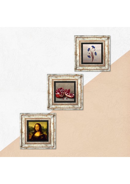 Ebru Sanatı, Leonardo da Vinci Mona Lisa, Nar Taş Duvar Tablosu Çerçeveli Duvar Dekoru 3 Parça Tablo Seti Wall Art T3-1439