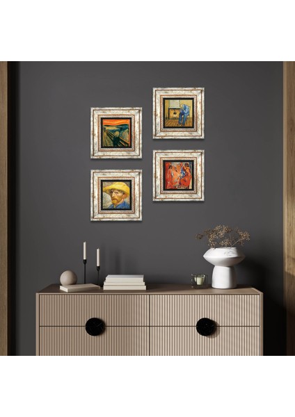 Picasso, Van Gogh, Çığlık Taş Duvar Tablosu Çerçeveli Duvar Dekoru 4 Parça Tablo Seti Wall Art T4-1117
