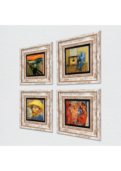 Picasso, Van Gogh, Çığlık Taş Duvar Tablosu Çerçeveli Duvar Dekoru 4 Parça Tablo Seti Wall Art T4-1117