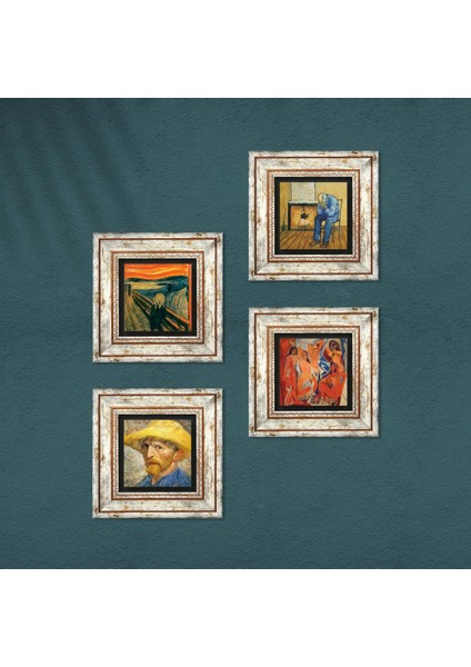 Picasso, Van Gogh, Çığlık Taş Duvar Tablosu Çerçeveli Duvar Dekoru 4 Parça Tablo Seti Wall Art T4-1117