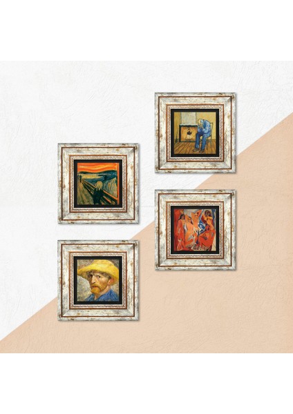 Picasso, Van Gogh, Çığlık Taş Duvar Tablosu Çerçeveli Duvar Dekoru 4 Parça Tablo Seti Wall Art T4-1117